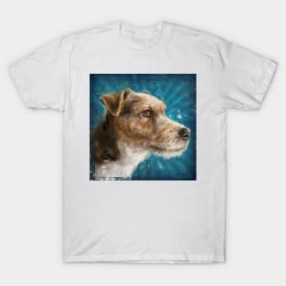 Painting of a Parson Russell Terrier on a Blue Background T-Shirt